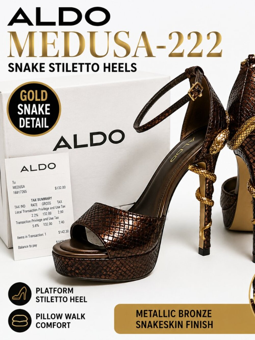 ALDO Medusa Snake Stiletto Heels Women 7.5 Metallic Brown Gold Platform Sandals